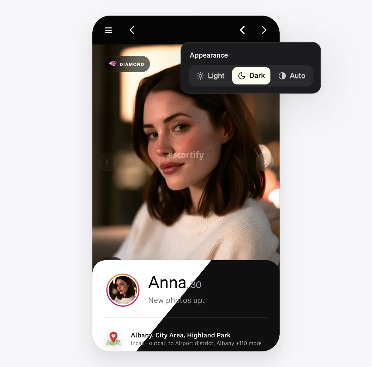 The same profile in light and in dark, with the Appearance switch set to Dark.