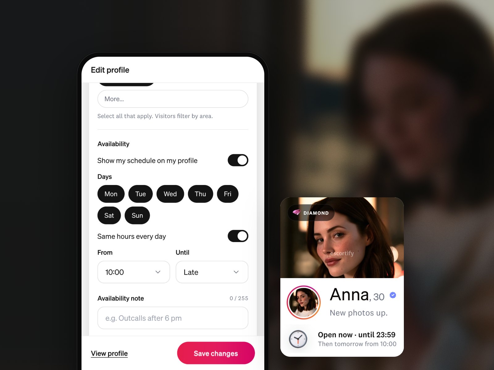 A phone on the Edit profile screen with the schedule switched on, beside an example Diamond profile that shows it is open now.
