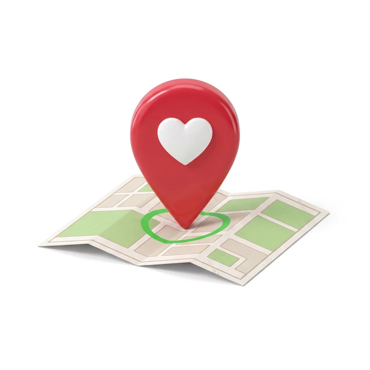 A red heart pin on a map
