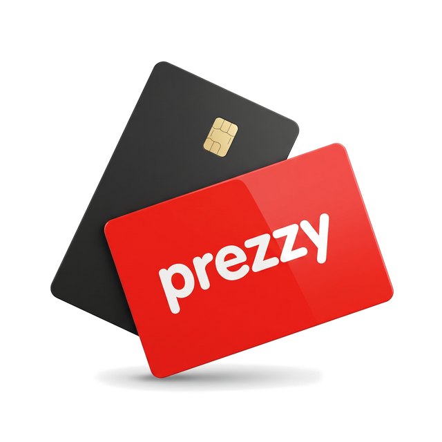 A black bank card and a red Prezzy card