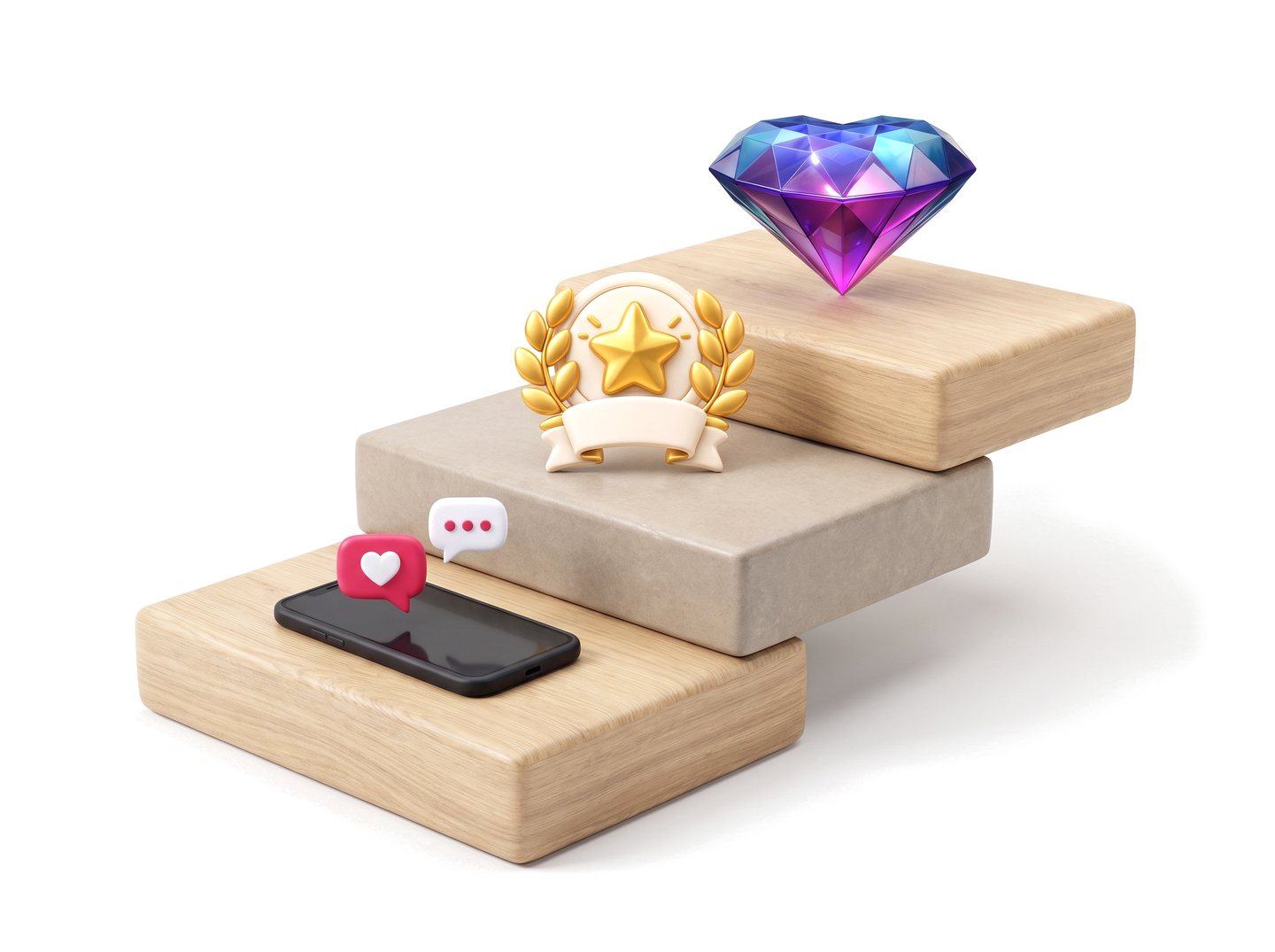A staircase of three steps: a phone on the lowest step, a gold laurel on the middle step and a diamond on the top step
