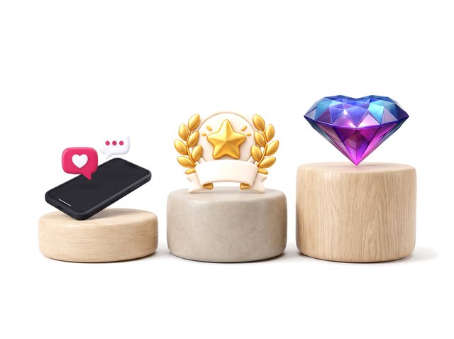 The three tiers on their stands: a phone for Regular, a gold laurel for VIP and a diamond for Diamond